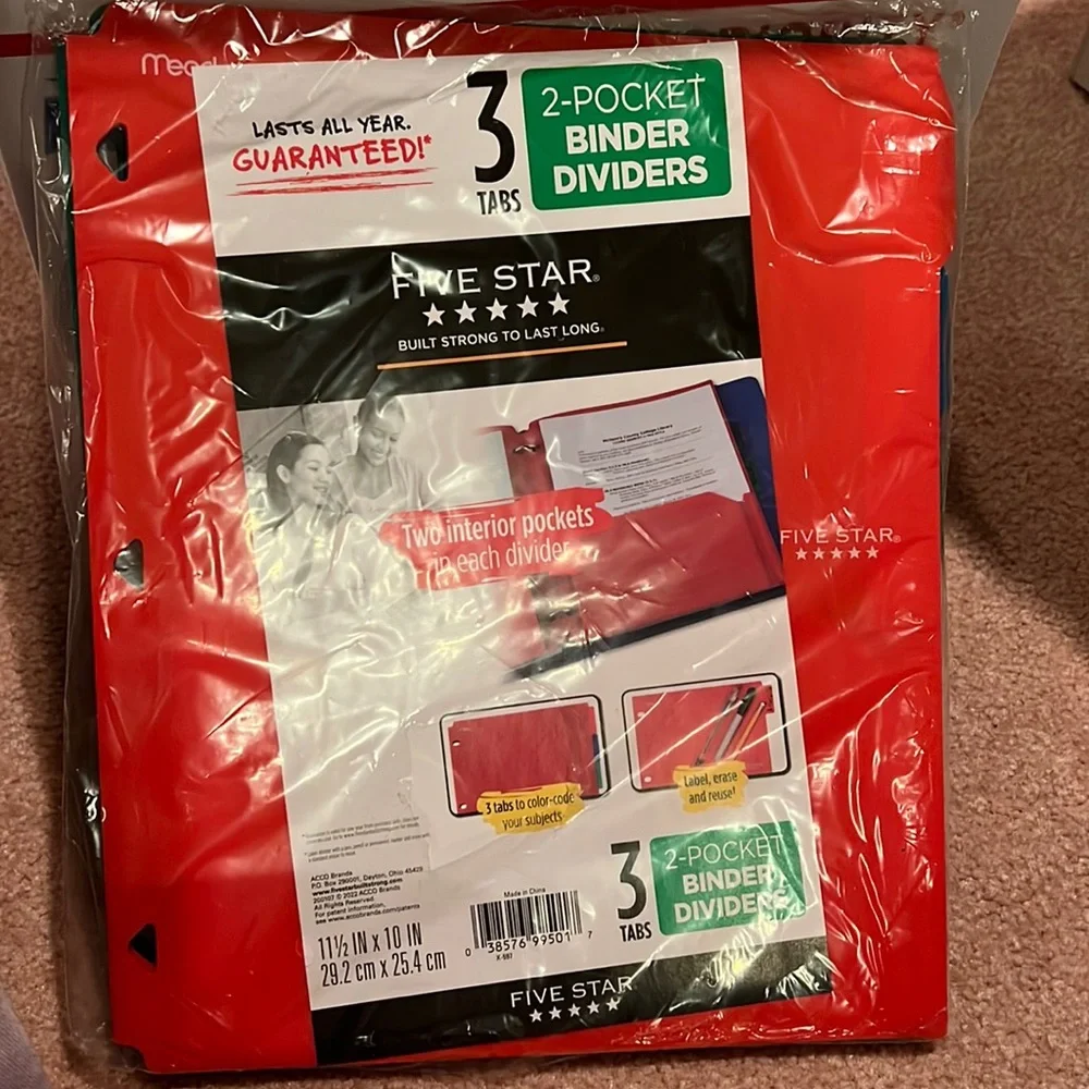 NWT Five Star 3 Tab 2-Pocket Binder Dividers folders Red Blue Green
